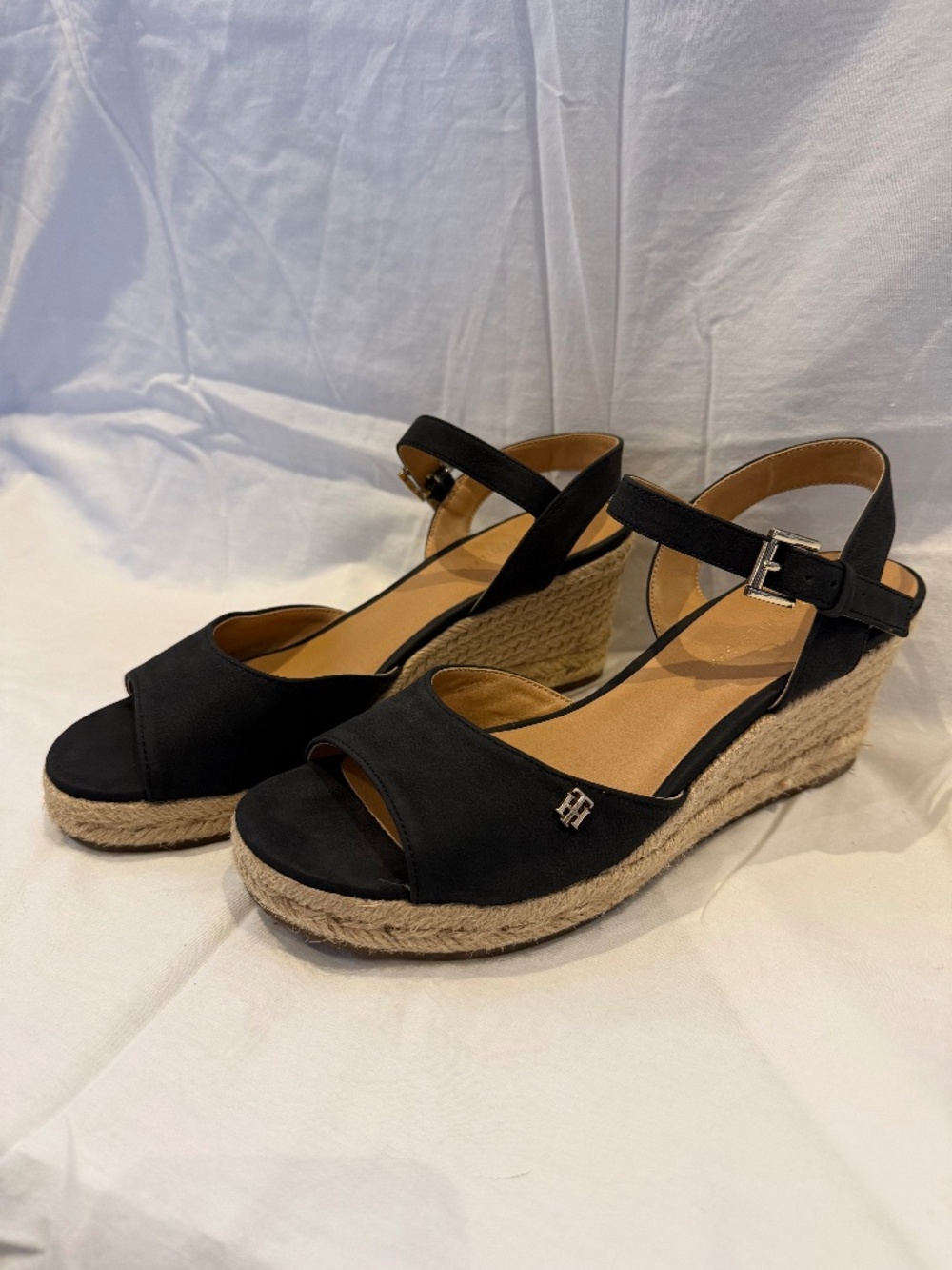 Tommy Hilfiger Black Espadrille Wedge Sandals Size 8M Ankle Strap